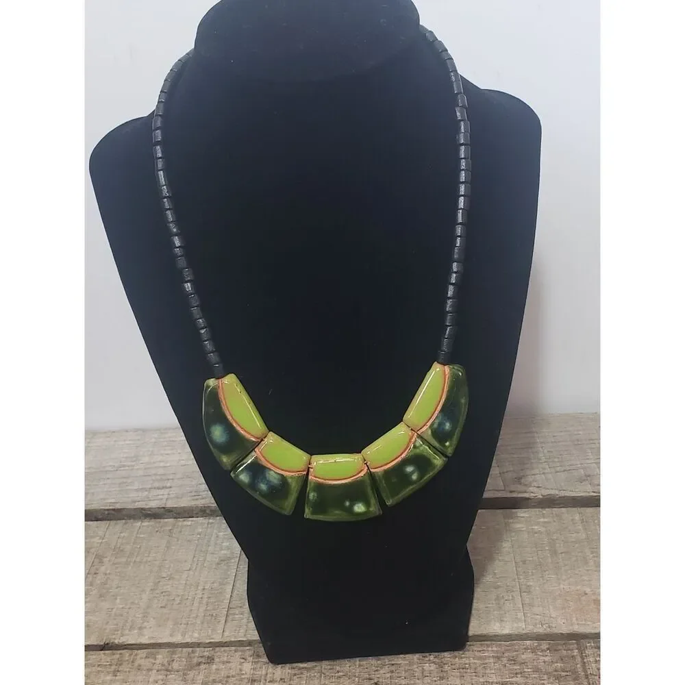ARTISAN Pottery Beaded Necklace Greens
